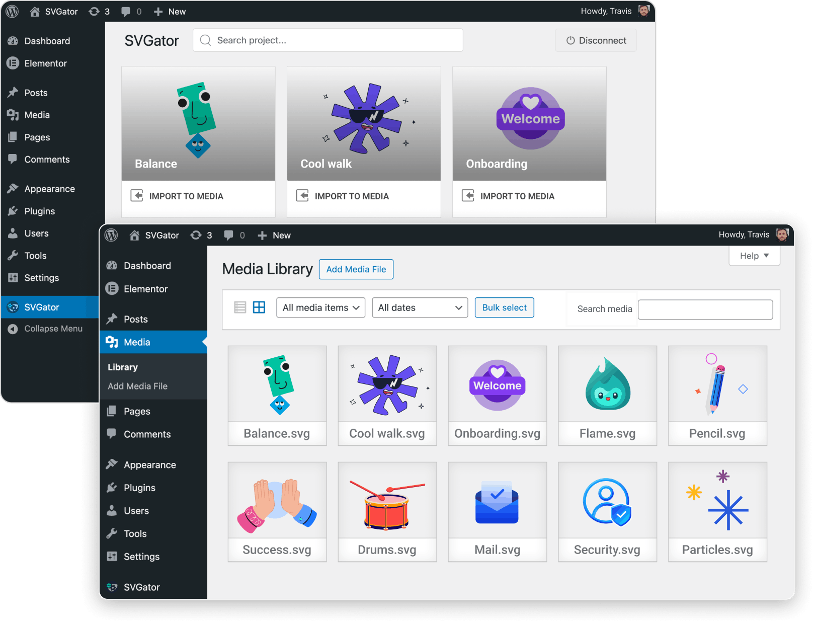 WordPress dashboard with the SVGator plugin open, showing animations from a connected SVGator account ready to import into the Media Library.