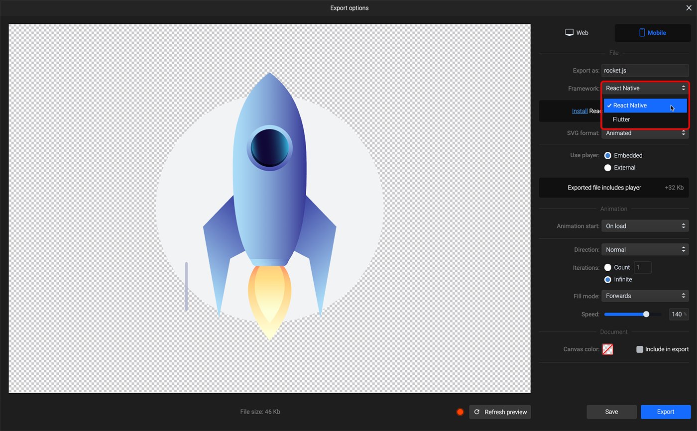 animated rocket export mobile animation