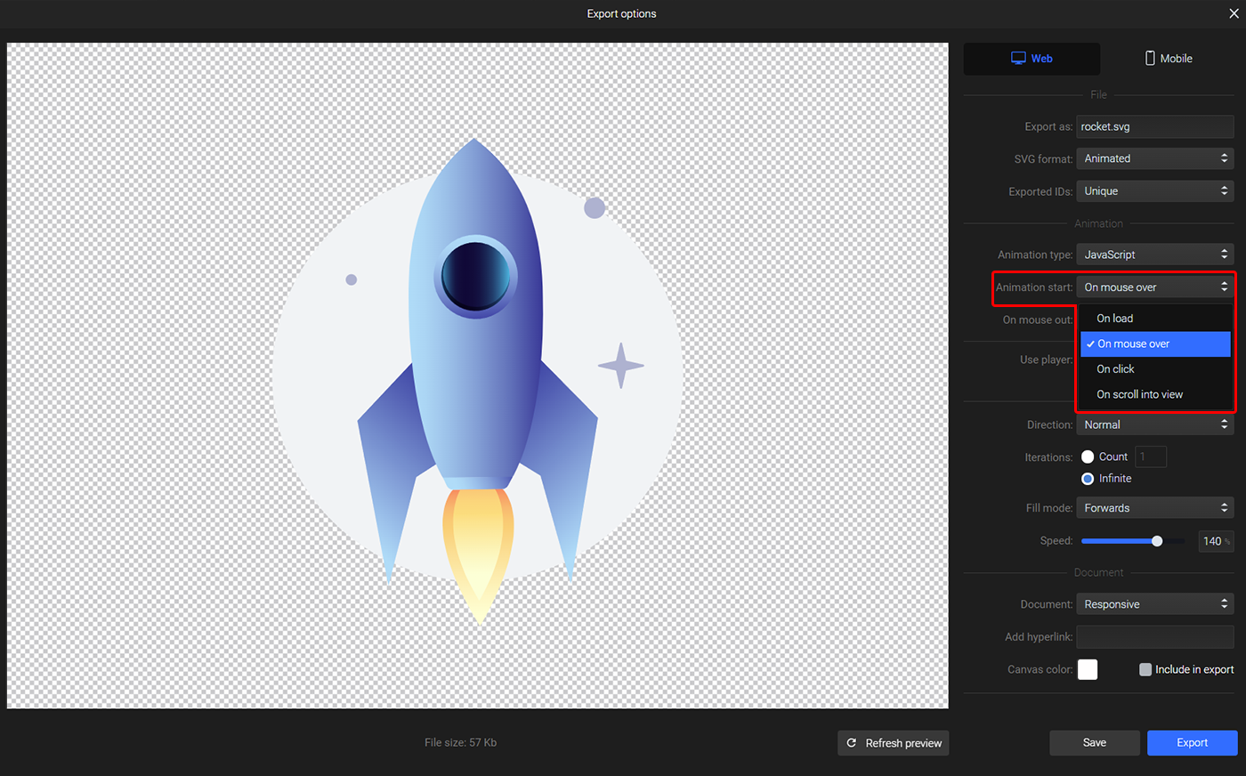 animated rocket export web animation