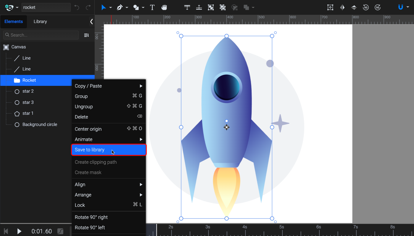 Select the rocket group and save it to the library to use in later projects
