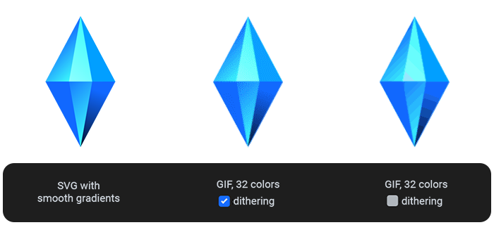 Comparison between SVG with smooth gradients and GIFs that use or don't use Dithering