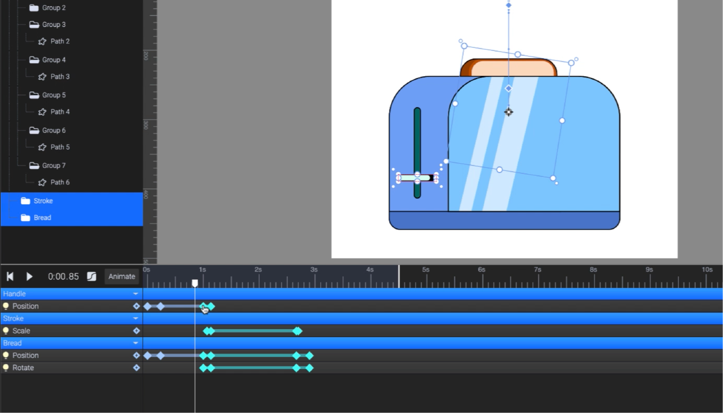 SVGator interface with the keyframes elements selected