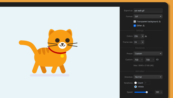 Cat animation with the GIF export settings panel in SVGator