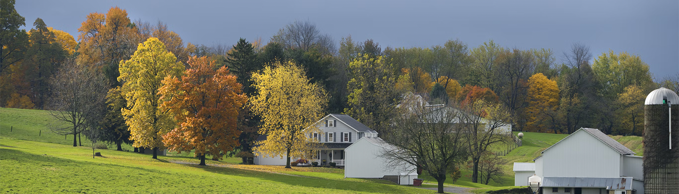 Photo of a farm surrounded by trees in autumn