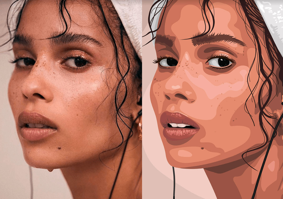 Portrait of a woman shown as a raster image and as a vector illustration