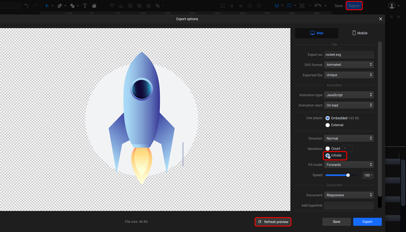 Rocket animation built in SVGator