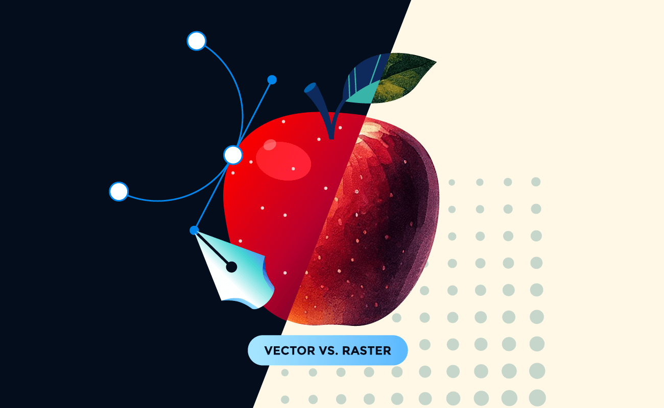 Apple illustration split into a vector half and a raster half