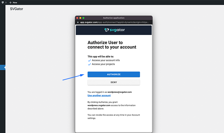 Authorizing the connection betwenn WordPress and your SVGator account