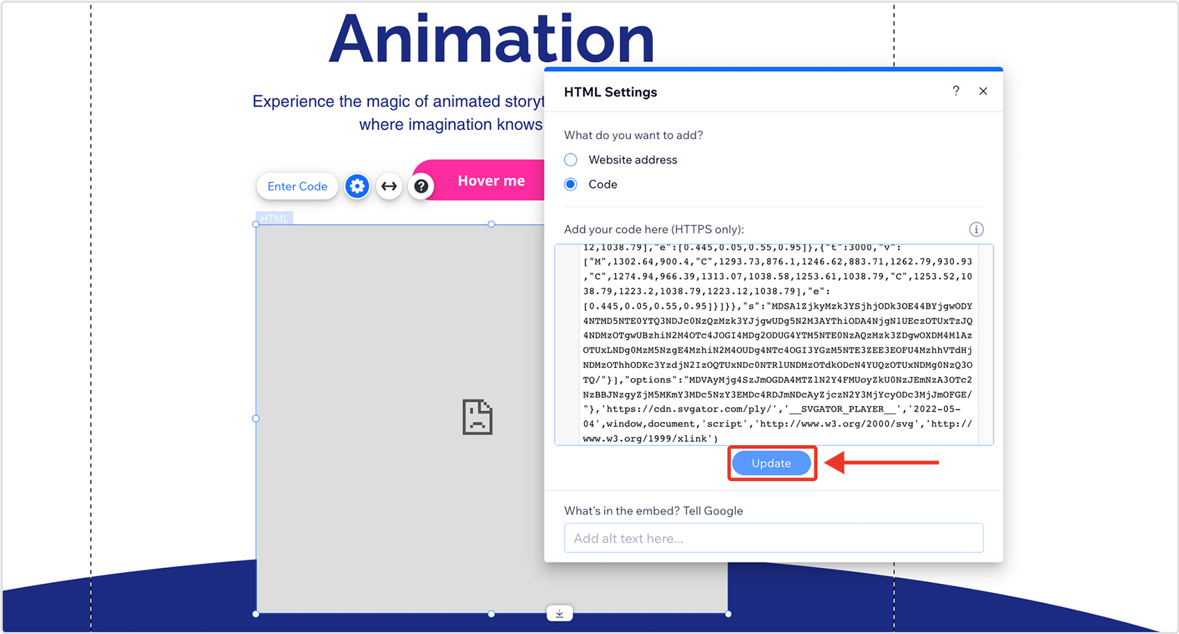 Step 6 - Paste the source-code of your animation and then click on Update