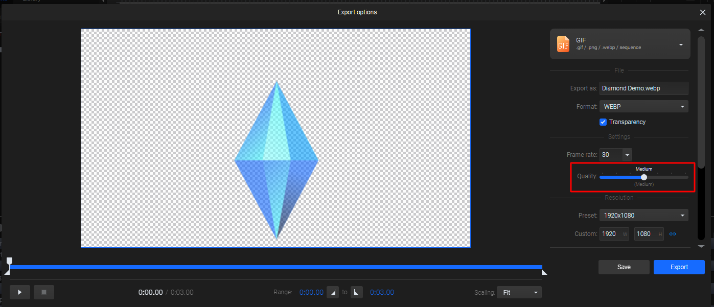 Export setting slider for the quality of WebP files example from SVGator